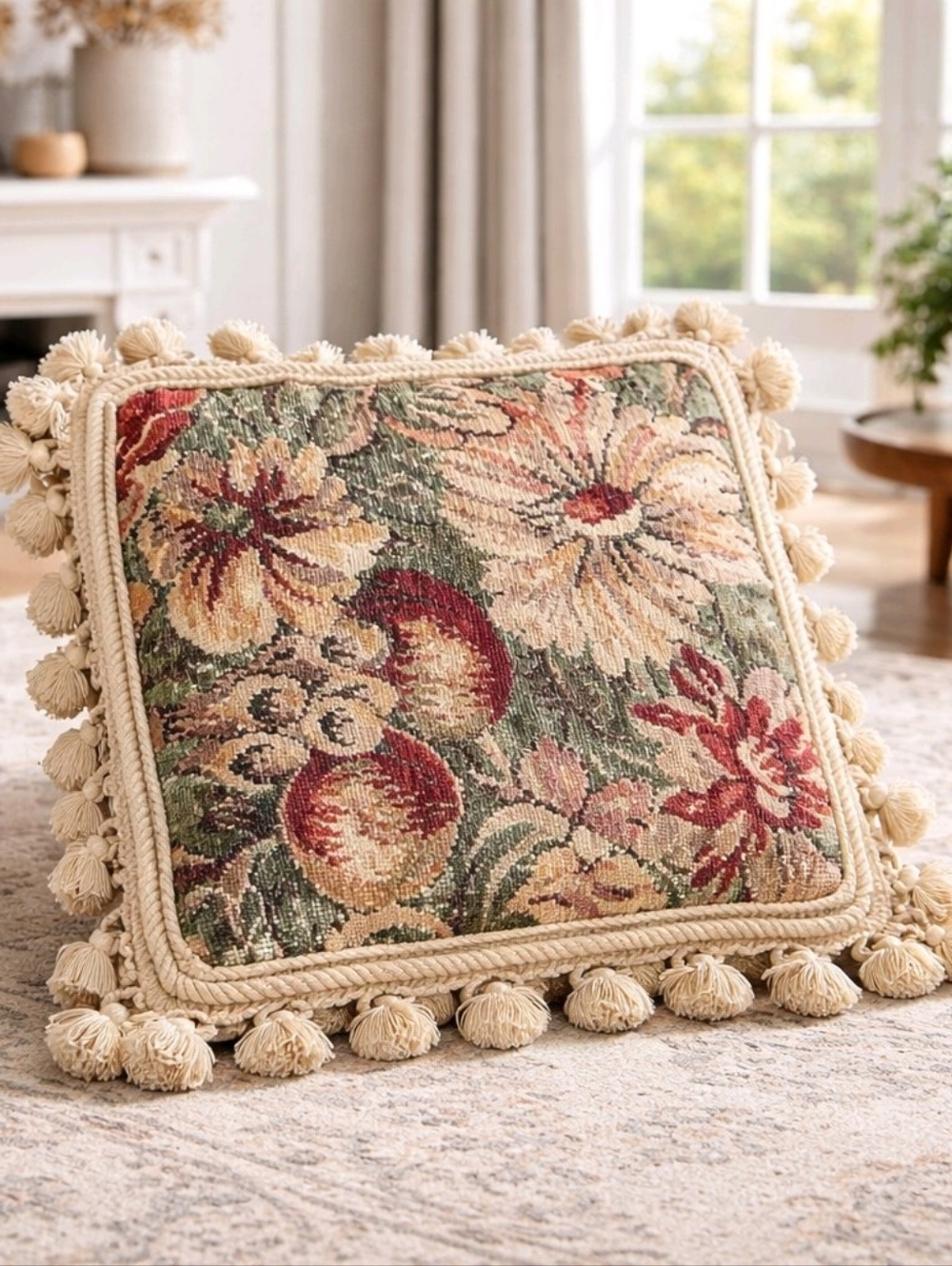 Cottagecore Floral Tapestry Pillow with Tassels